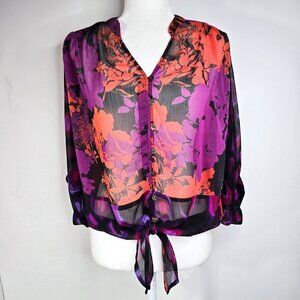 Anthropologie Fig and Flower Oversized Red Black Purple Floral Button Front Top